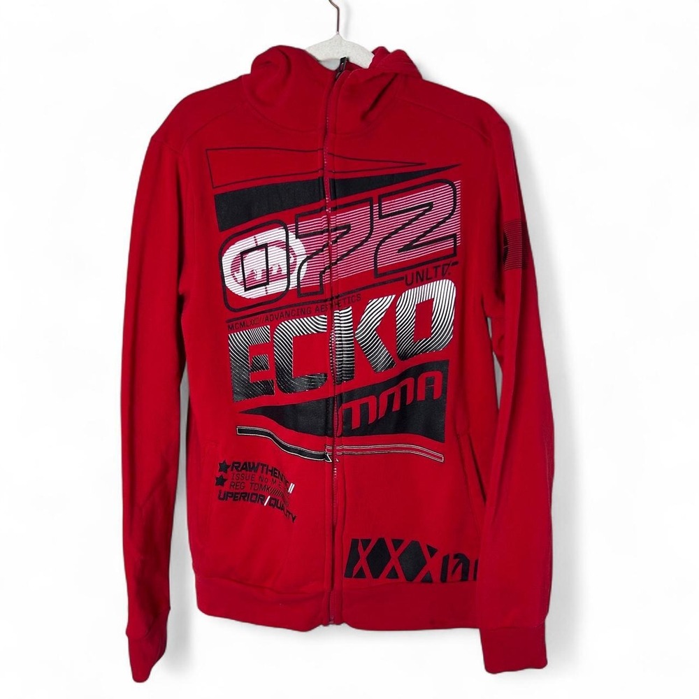 Ecko Unltd. MMA red zip up hoodie with black and white graphic featuring '072'
